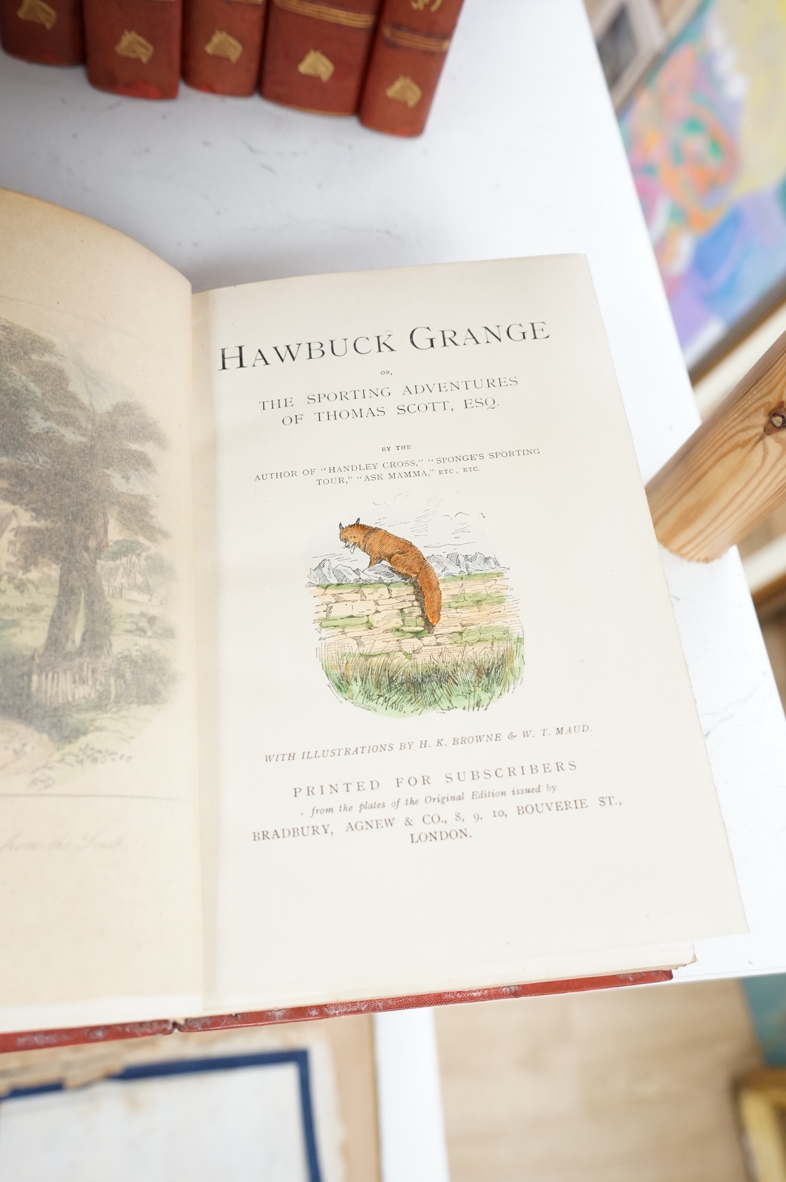 [Surtees, R.S.] Sporting Novels. 6 vols. hand coloured pictorial titles and plates, other text illus.; contemp. red half calf and cloth, gilt pictorial panelled spines, gilt tops and marbled e/ps., med. 8vo. printed for
